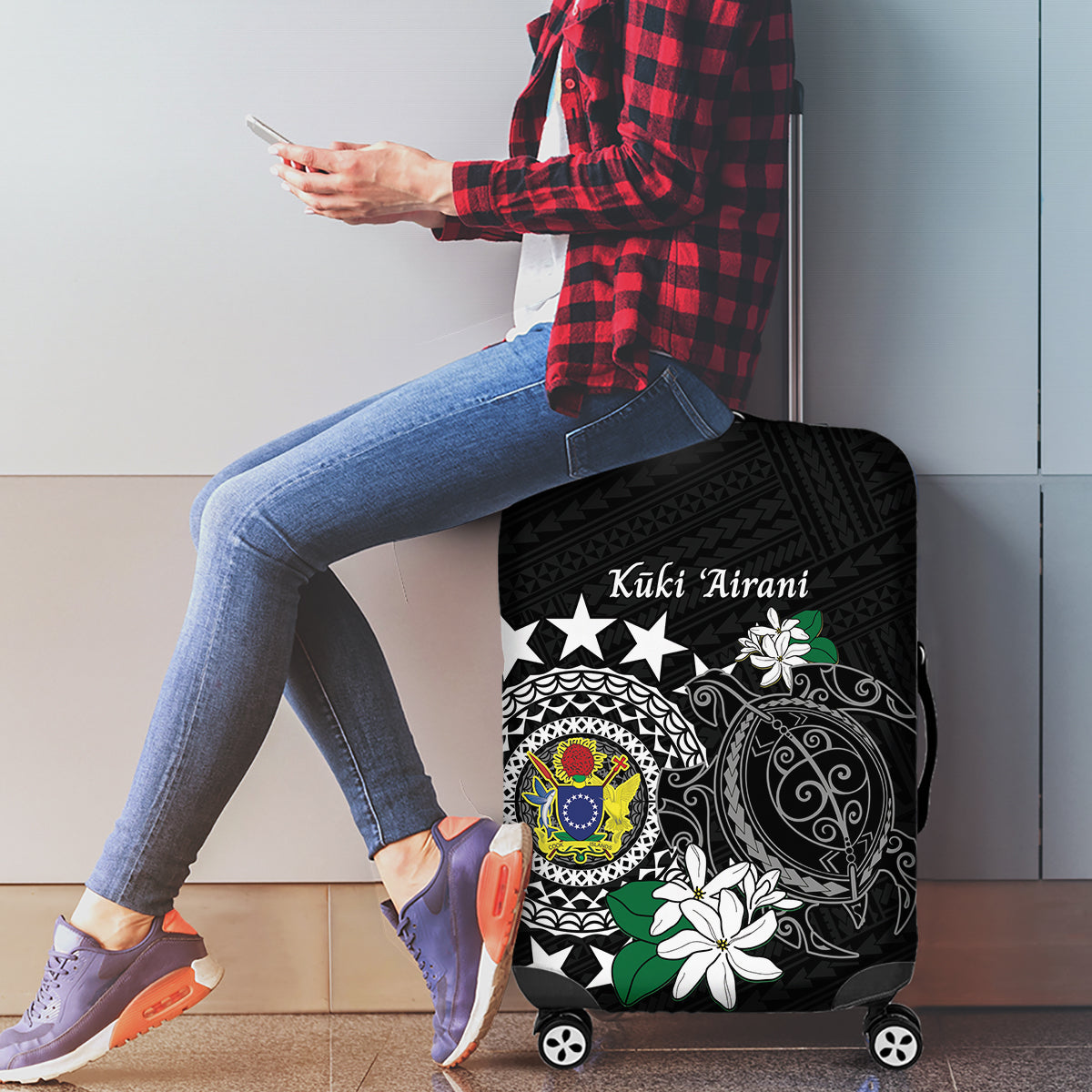 Cook Islands Independence Day Luggage Cover Kuki Airani Tiare Maori Polynesian Pattern - Black