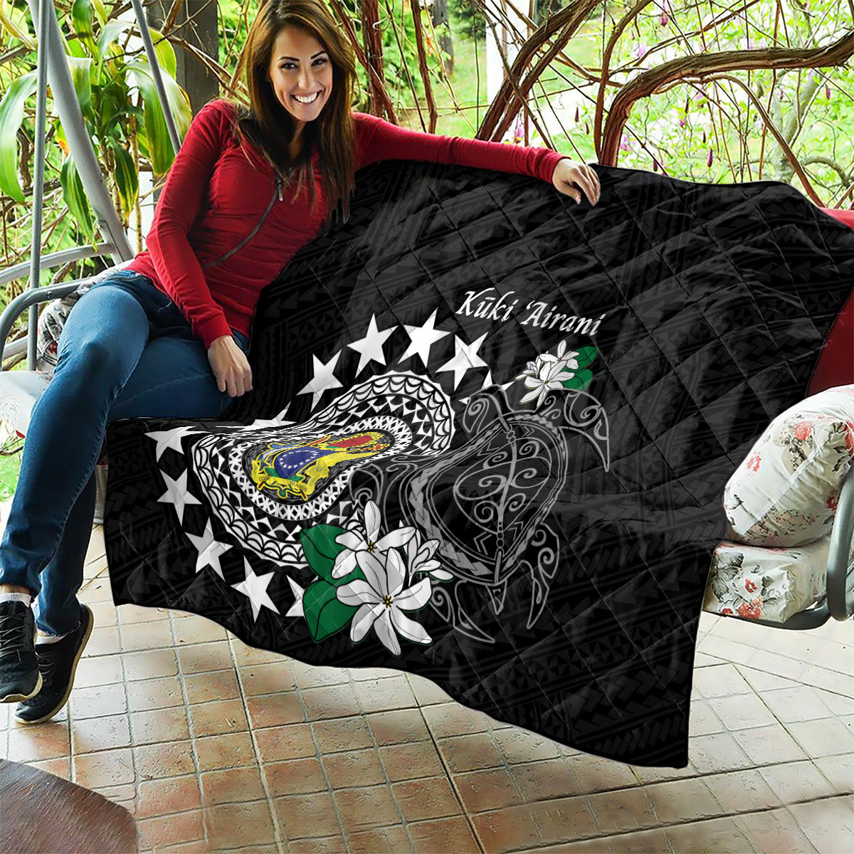 Cook Islands Independence Day Quilt Kuki Airani Tiare Maori Polynesian Pattern - Black