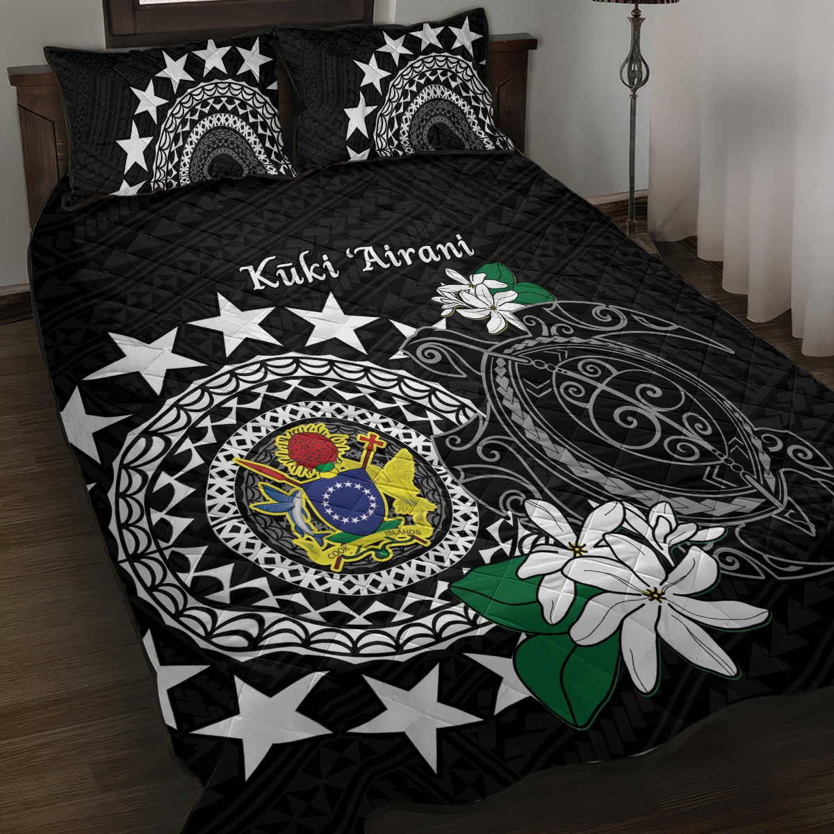 Cook Islands Independence Day Quilt Bed Set Kuki Airani Tiare Maori Polynesian Pattern - Black