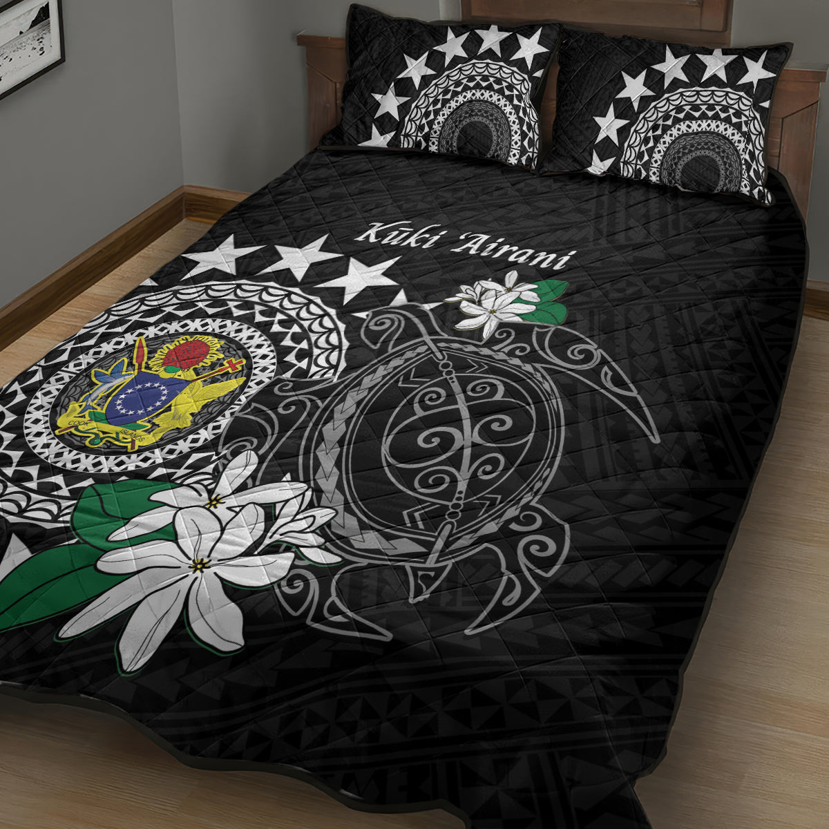 Cook Islands Independence Day Quilt Bed Set Kuki Airani Tiare Maori Polynesian Pattern - Black