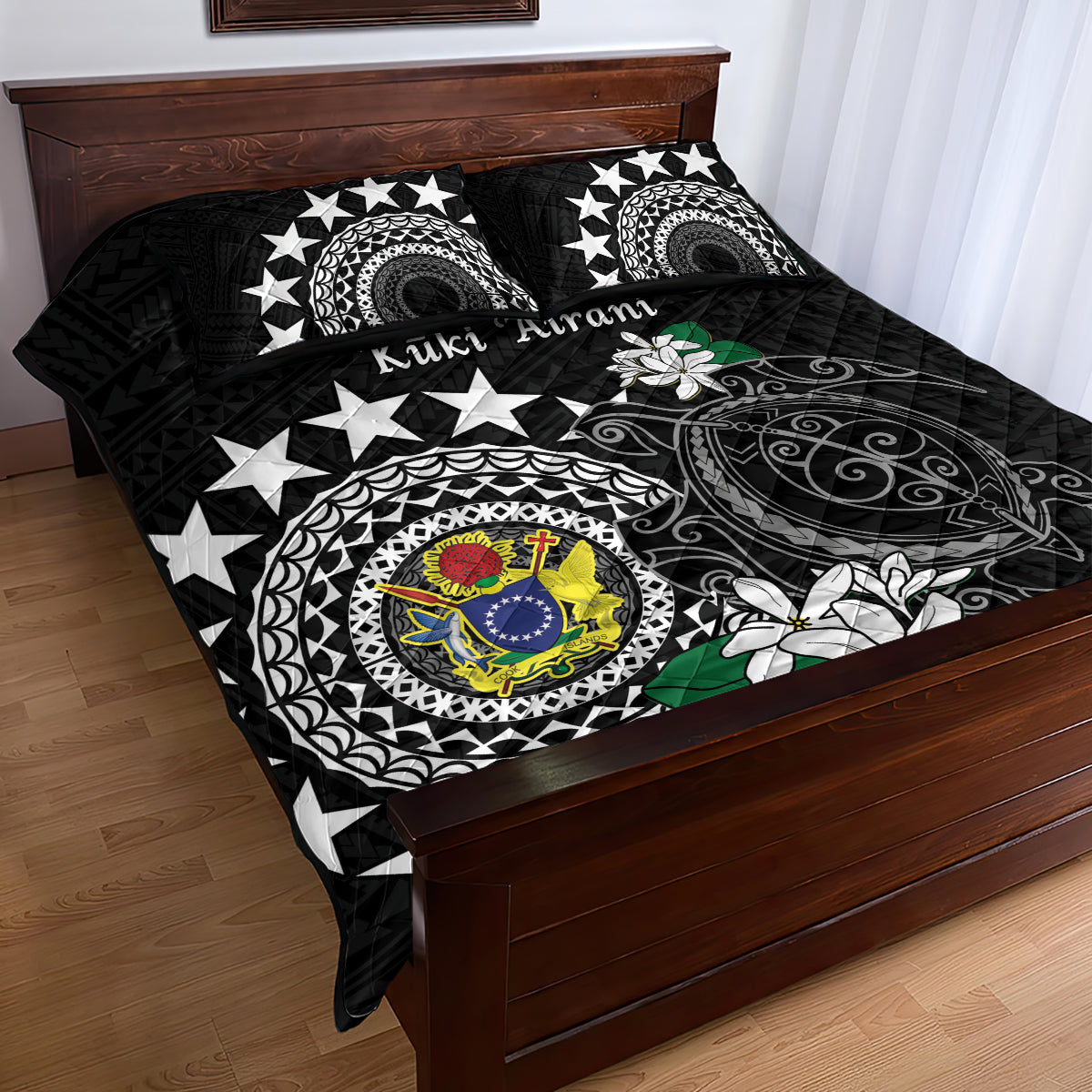 Cook Islands Independence Day Quilt Bed Set Kuki Airani Tiare Maori Polynesian Pattern - Black