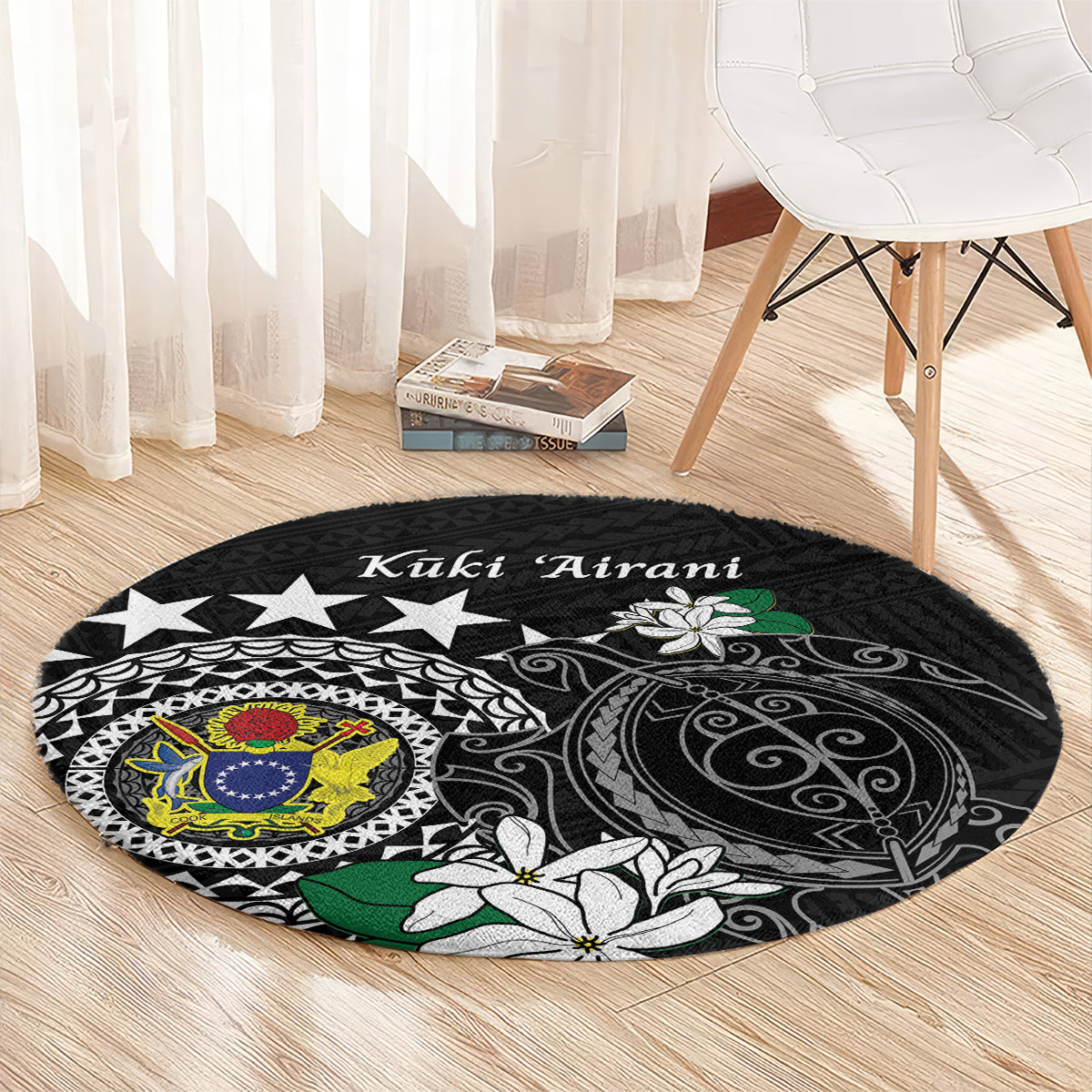 Cook Islands Independence Day Round Carpet Kuki Airani Tiare Maori Polynesian Pattern - Black
