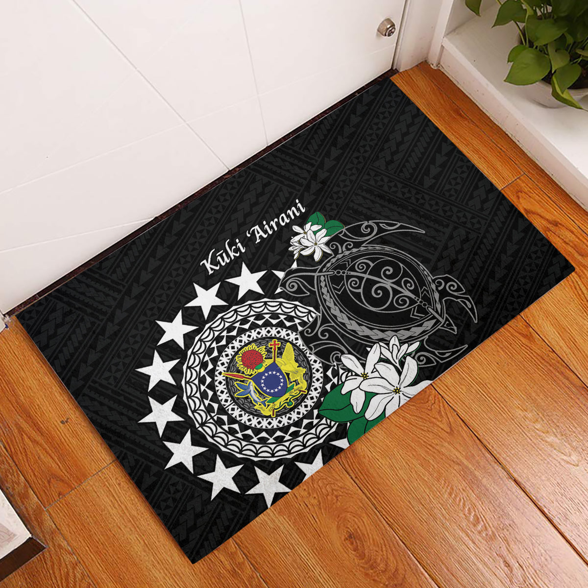 Cook Islands Independence Day Rubber Doormat Kuki Airani Tiare Maori Polynesian Pattern - Black