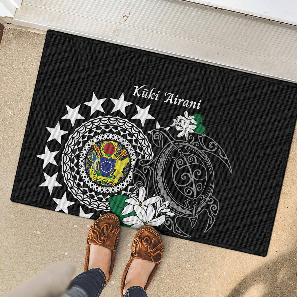 Cook Islands Independence Day Rubber Doormat Kuki Airani Tiare Maori Polynesian Pattern - Black