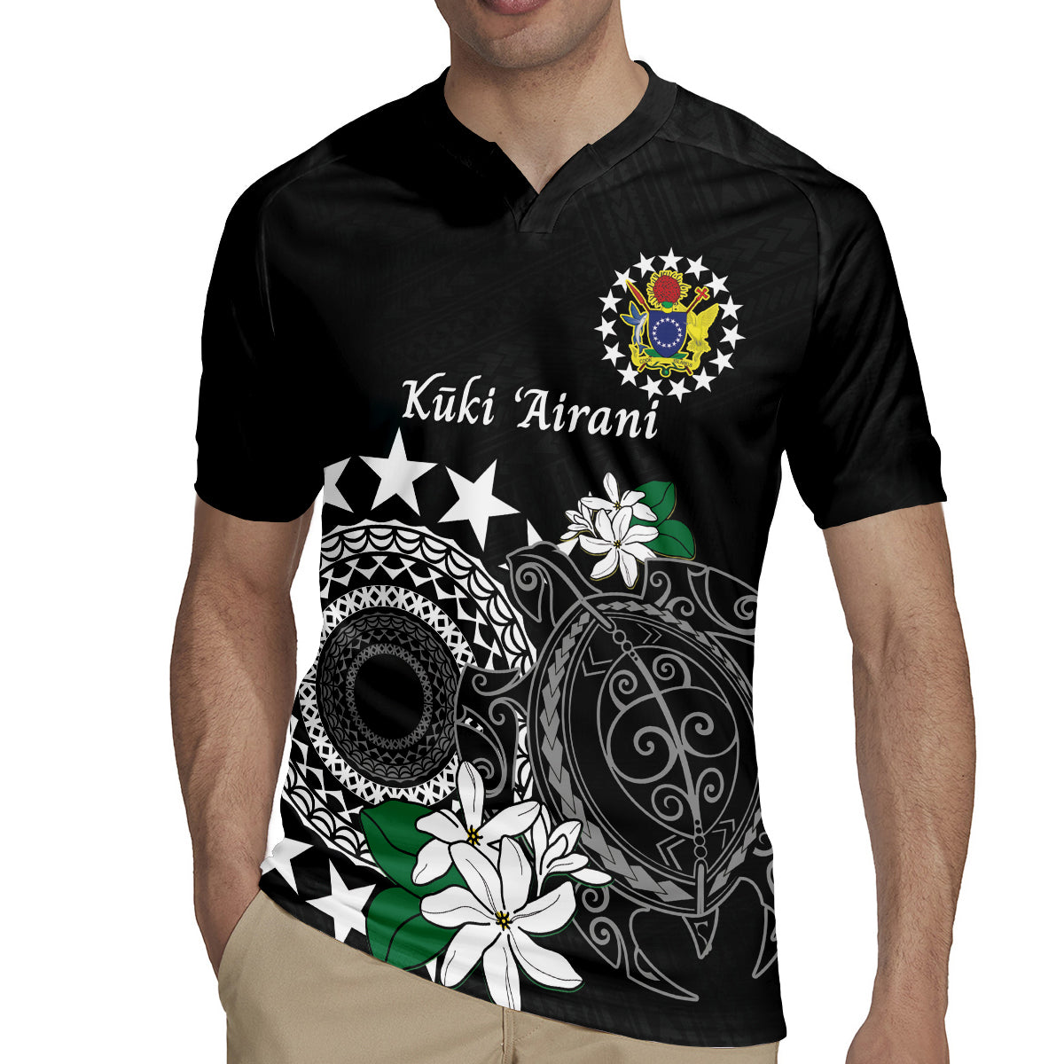 Cook Islands Independence Day Rugby Jersey Kuki Airani Tiare Maori Polynesian Pattern - Black