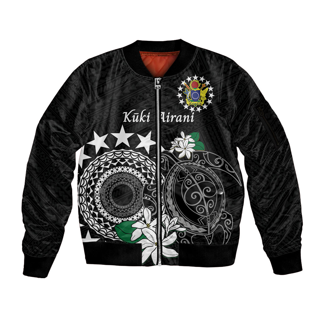 Cook Islands Independence Day Sleeve Zip Bomber Jacket Kuki Airani Tiare Maori Polynesian Pattern - Black