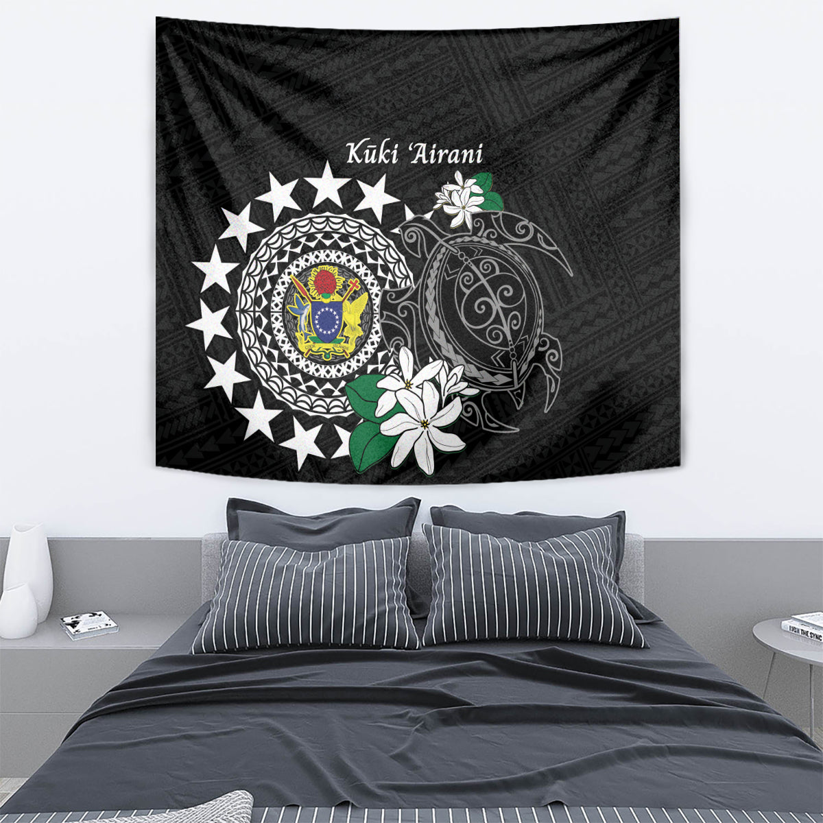 Cook Islands Independence Day Tapestry Kuki Airani Tiare Maori Polynesian Pattern - Black