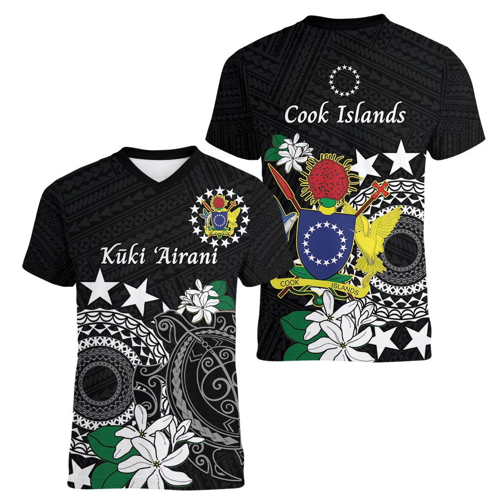Cook Islands Independence Day Women V-Neck T-Shirt Kuki Airani Tiare Maori Polynesian Pattern - Black