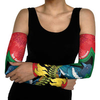 New Zealand Christmas In July Arm Sleeves Kowhai Tui Bird With Pohutukawa - Red - Polynesian Pride