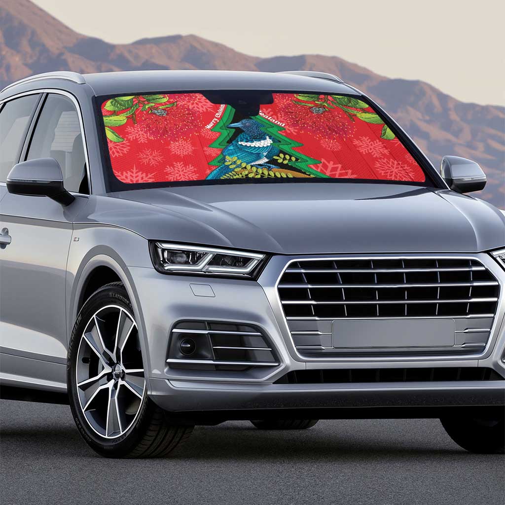 New Zealand Christmas In July Auto Sun Shade Kowhai Tui Bird With Pohutukawa - Red - Polynesian Pride