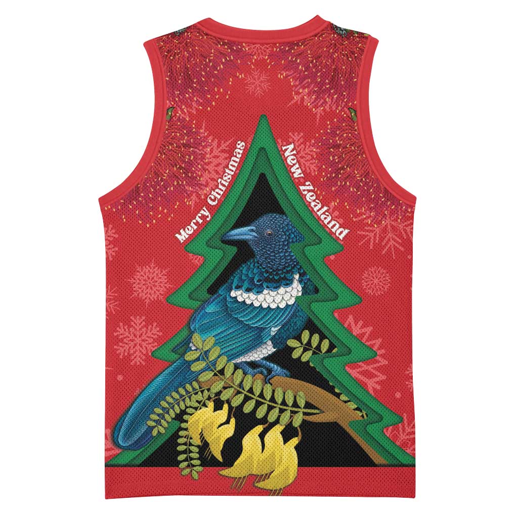 New Zealand Christmas In July Basketball Jersey Kowhai Tui Bird With Pohutukawa - Red - Polynesian Pride