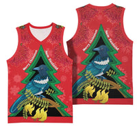 New Zealand Christmas In July Basketball Jersey Kowhai Tui Bird With Pohutukawa - Red - Polynesian Pride