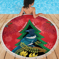 New Zealand Christmas In July Beach Blanket Kowhai Tui Bird With Pohutukawa - Red