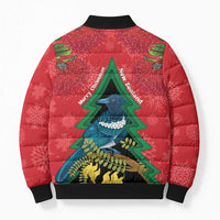 New Zealand Christmas In July Bomber Puffer Jacket Kowhai Tui Bird With Pohutukawa - Red - Polynesian Pride