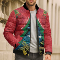 New Zealand Christmas In July Bomber Puffer Jacket Kowhai Tui Bird With Pohutukawa - Red - Polynesian Pride