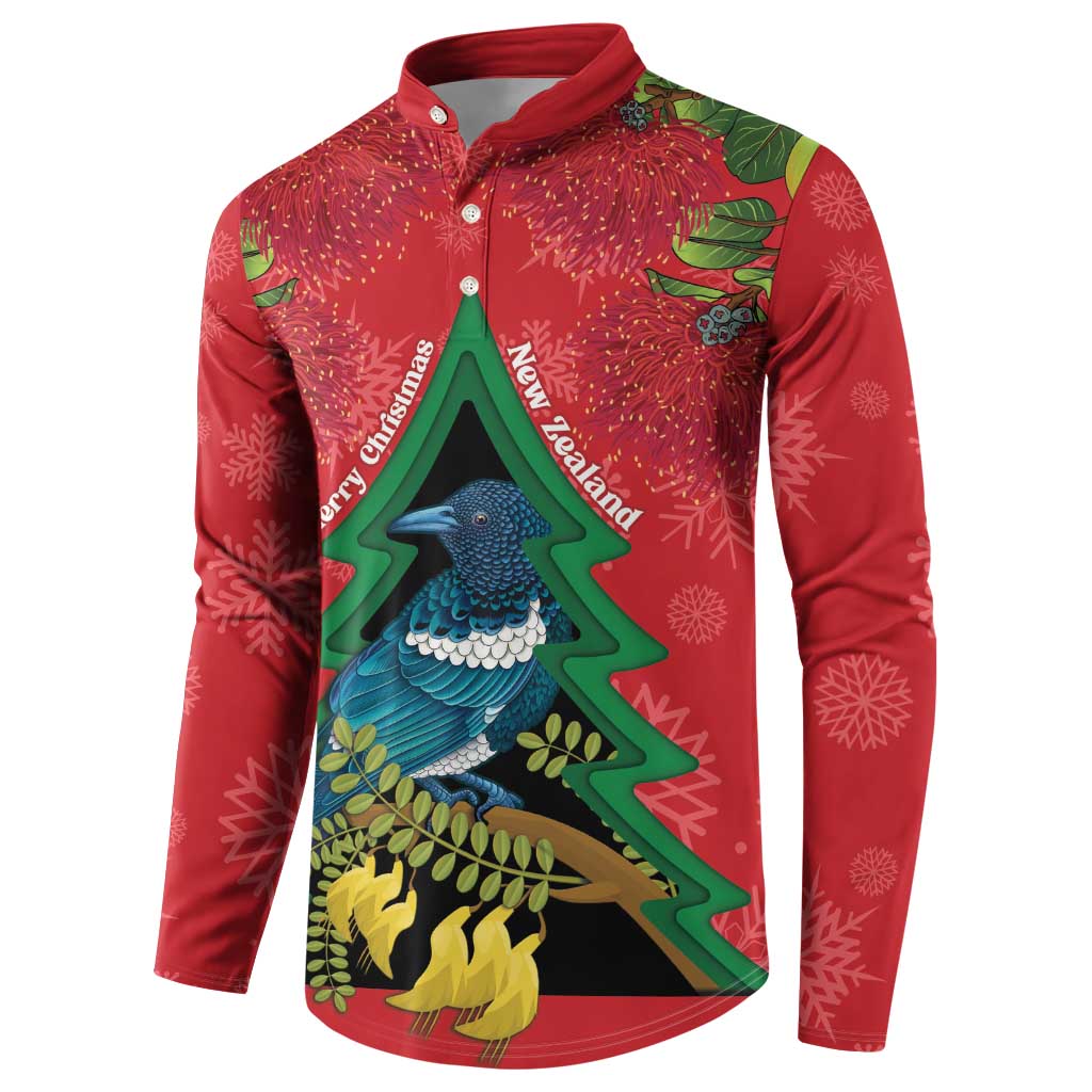 New Zealand Christmas In July Button Sweatshirt Kowhai Tui Bird With Pohutukawa - Red