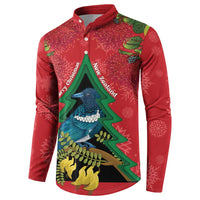 New Zealand Christmas In July Button Sweatshirt Kowhai Tui Bird With Pohutukawa - Red