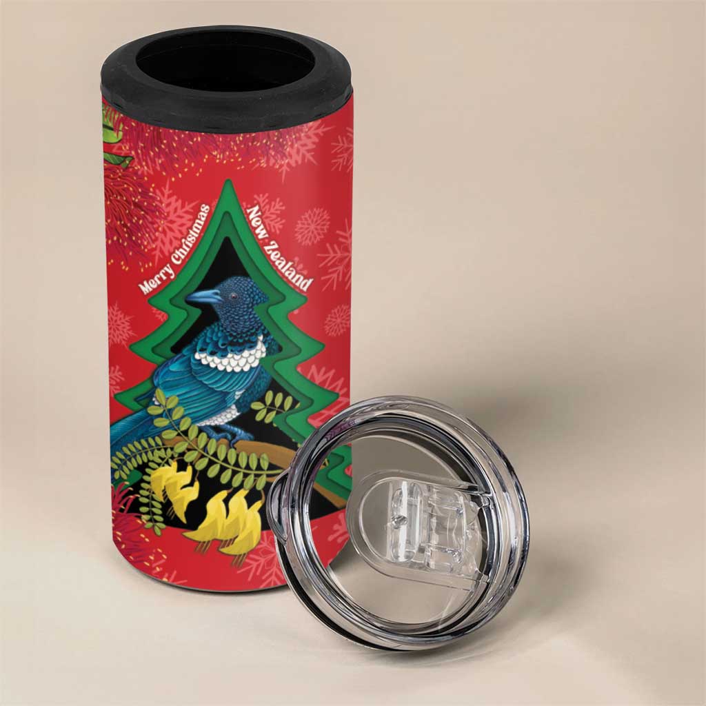 New Zealand Christmas In July 4 in 1 Can Cooler Tumbler Kowhai Tui Bird With Pohutukawa - Red