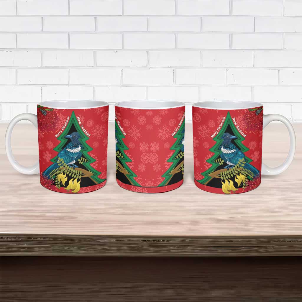 New Zealand Christmas In July Ceramic Mug Kowhai Tui Bird With Pohutukawa - Red - Polynesian Pride