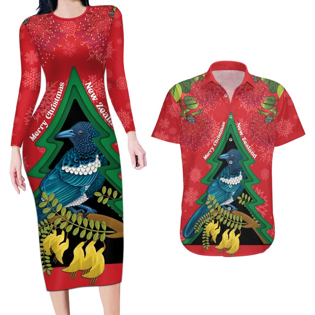 New Zealand Christmas In July Couples Matching Long Sleeve Bodycon Dress and Hawaiian Shirt Kowhai Tui Bird With Pohutukawa - Red