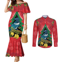 New Zealand Christmas In July Couples Matching Mermaid Dress and Long Sleeve Button Shirt Kowhai Tui Bird With Pohutukawa - Red