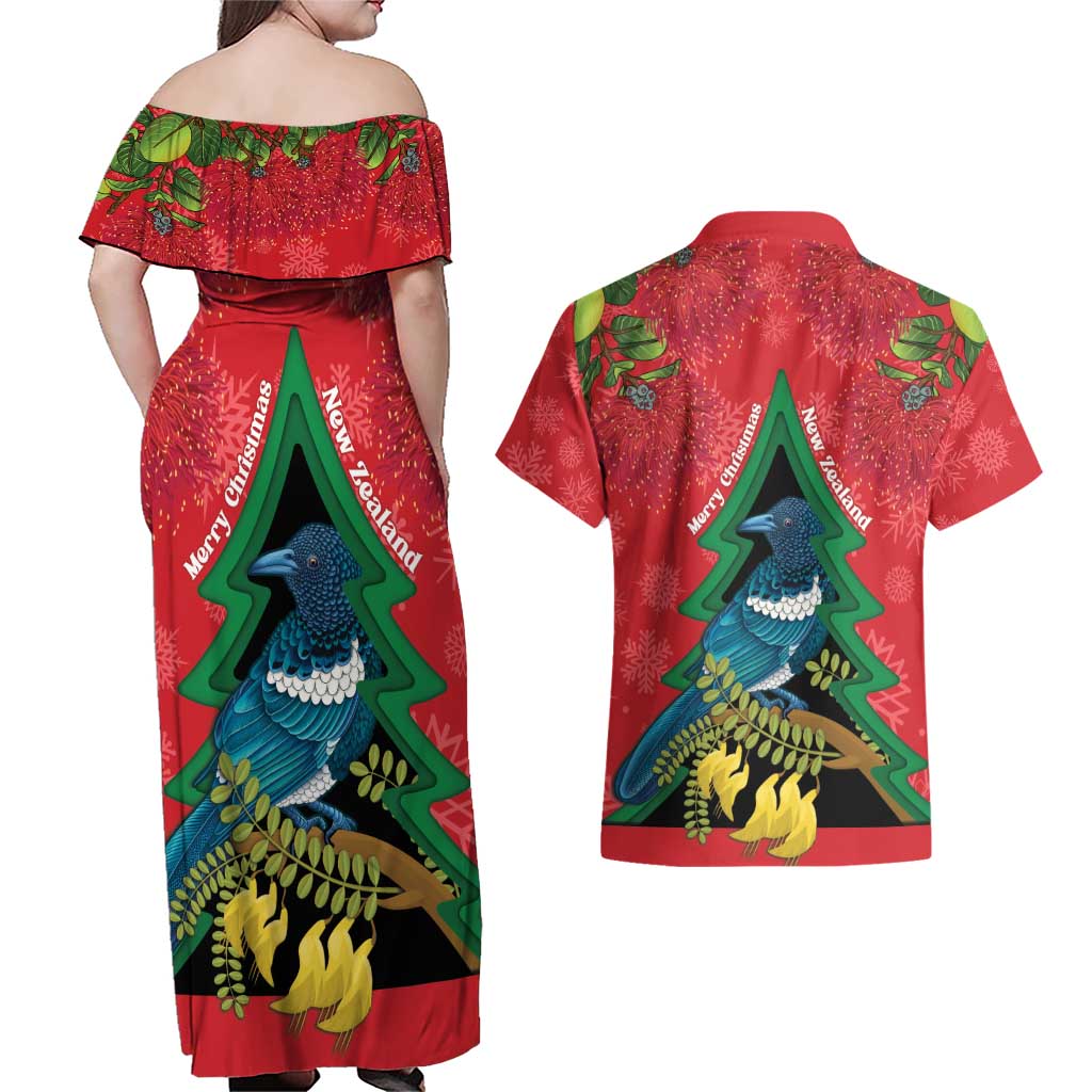 New Zealand Christmas In July Couples Matching Off Shoulder Maxi Dress and Hawaiian Shirt Kowhai Tui Bird With Pohutukawa - Red