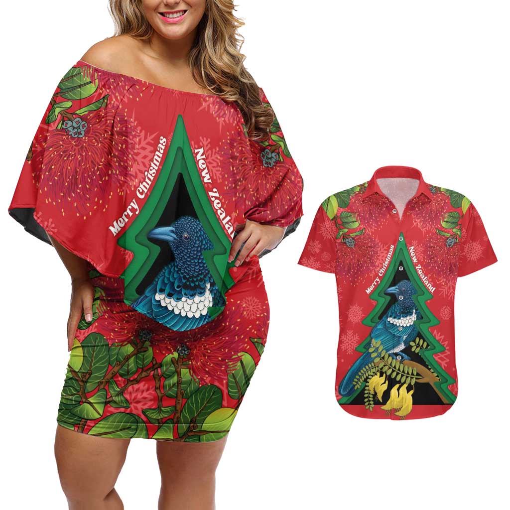 New Zealand Christmas In July Couples Matching Off Shoulder Short Dress and Hawaiian Shirt Kowhai Tui Bird With Pohutukawa - Red