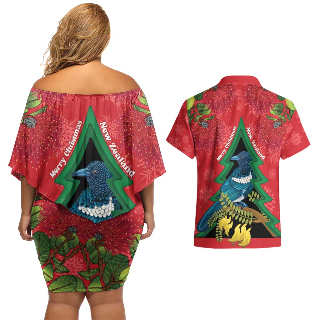 New Zealand Christmas In July Couples Matching Off Shoulder Short Dress and Hawaiian Shirt Kowhai Tui Bird With Pohutukawa - Red