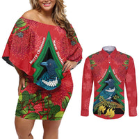 New Zealand Christmas In July Couples Matching Off Shoulder Short Dress and Long Sleeve Button Shirt Kowhai Tui Bird With Pohutukawa - Red
