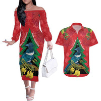 New Zealand Christmas In July Couples Matching Off The Shoulder Long Sleeve Dress and Hawaiian Shirt Kowhai Tui Bird With Pohutukawa - Red
