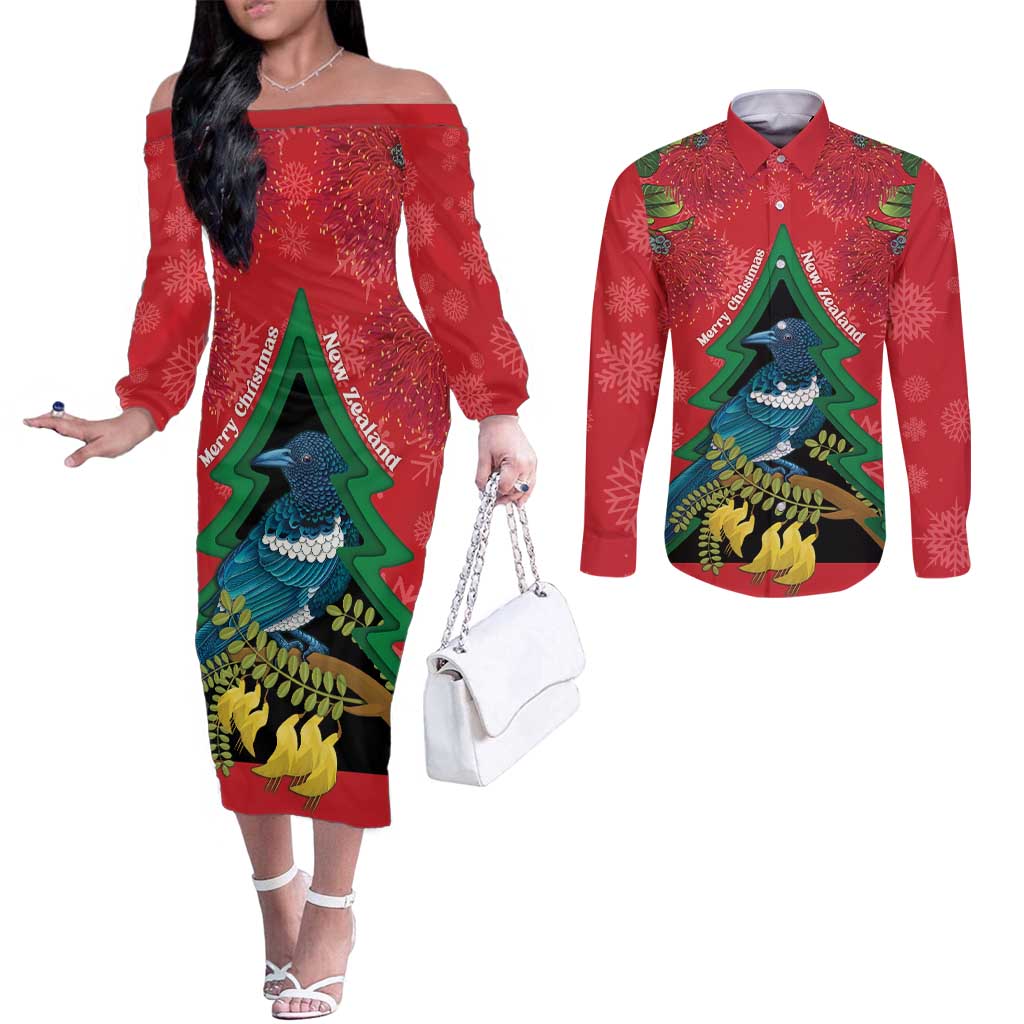 New Zealand Christmas In July Couples Matching Off The Shoulder Long Sleeve Dress and Long Sleeve Button Shirt Kowhai Tui Bird With Pohutukawa - Red