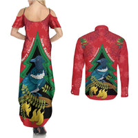 New Zealand Christmas In July Couples Matching Summer Maxi Dress and Long Sleeve Button Shirt Kowhai Tui Bird With Pohutukawa - Red