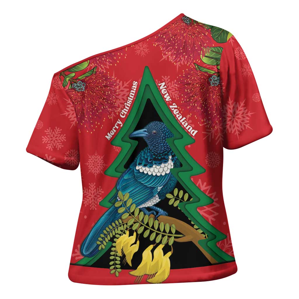 New Zealand Christmas In July Cross Shoulder Shirt Kowhai Tui Bird With Pohutukawa - Red - Polynesian Pride