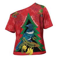 New Zealand Christmas In July Cross Shoulder Shirt Kowhai Tui Bird With Pohutukawa - Red - Polynesian Pride