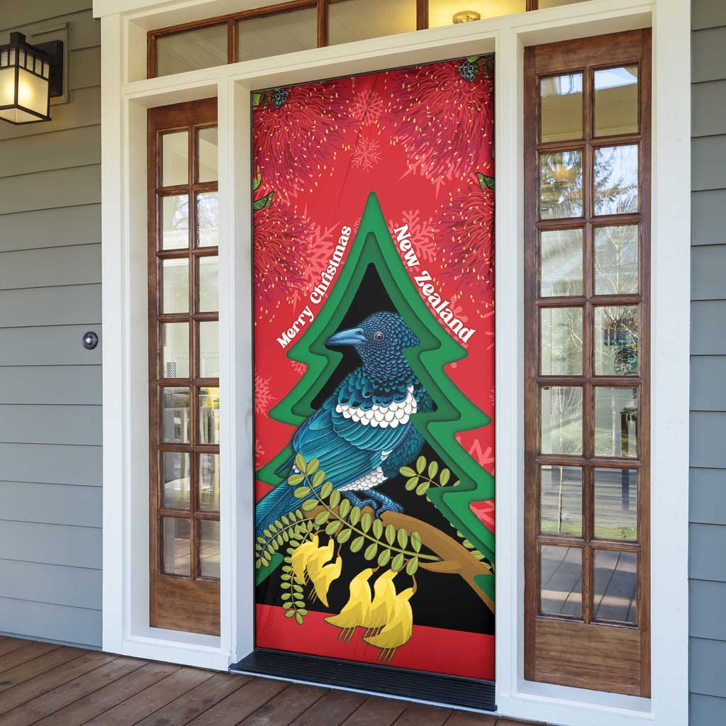New Zealand Christmas In July Door Cover Kowhai Tui Bird With Pohutukawa - Red - Polynesian Pride