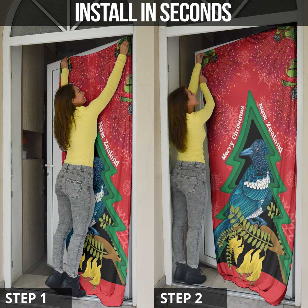 New Zealand Christmas In July Door Cover Kowhai Tui Bird With Pohutukawa - Red - Polynesian Pride