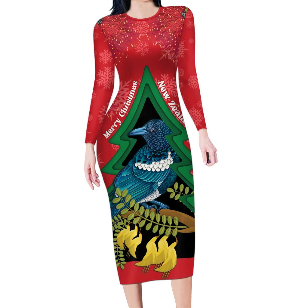 New Zealand Christmas In July Family Matching Long Sleeve Bodycon Dress and Hawaiian Shirt Kowhai Tui Bird With Pohutukawa - Red