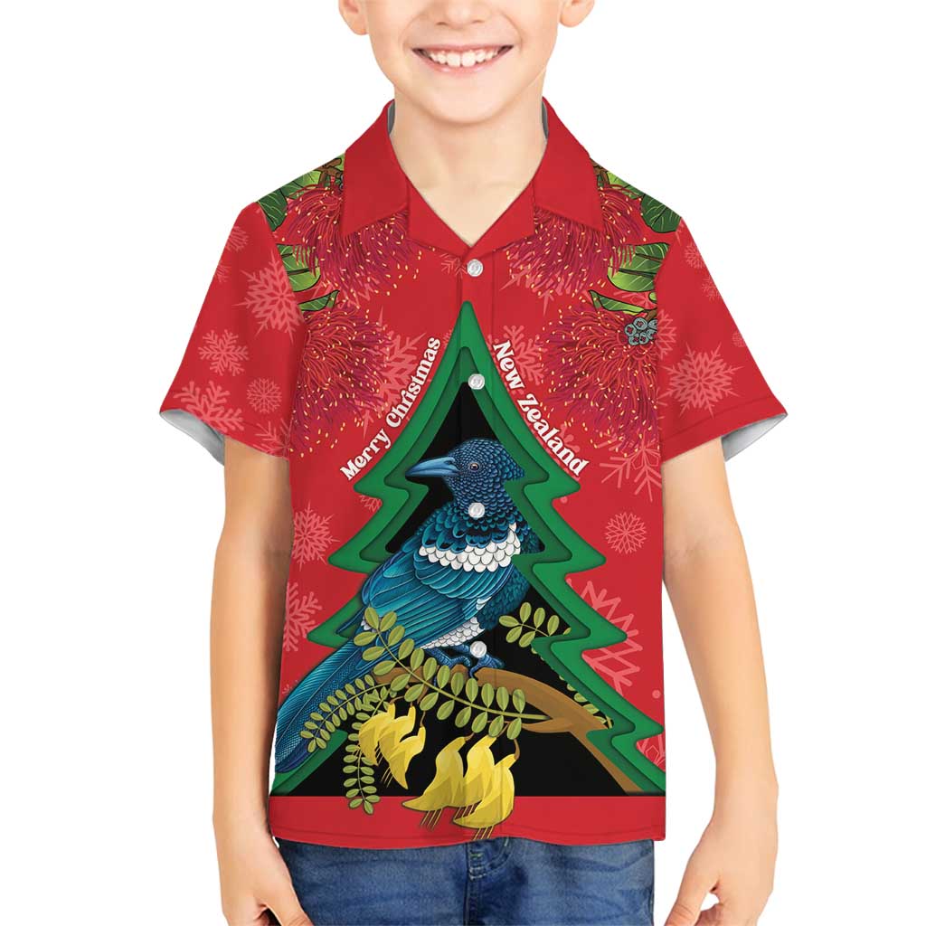 New Zealand Christmas In July Family Matching Long Sleeve Bodycon Dress and Hawaiian Shirt Kowhai Tui Bird With Pohutukawa - Red