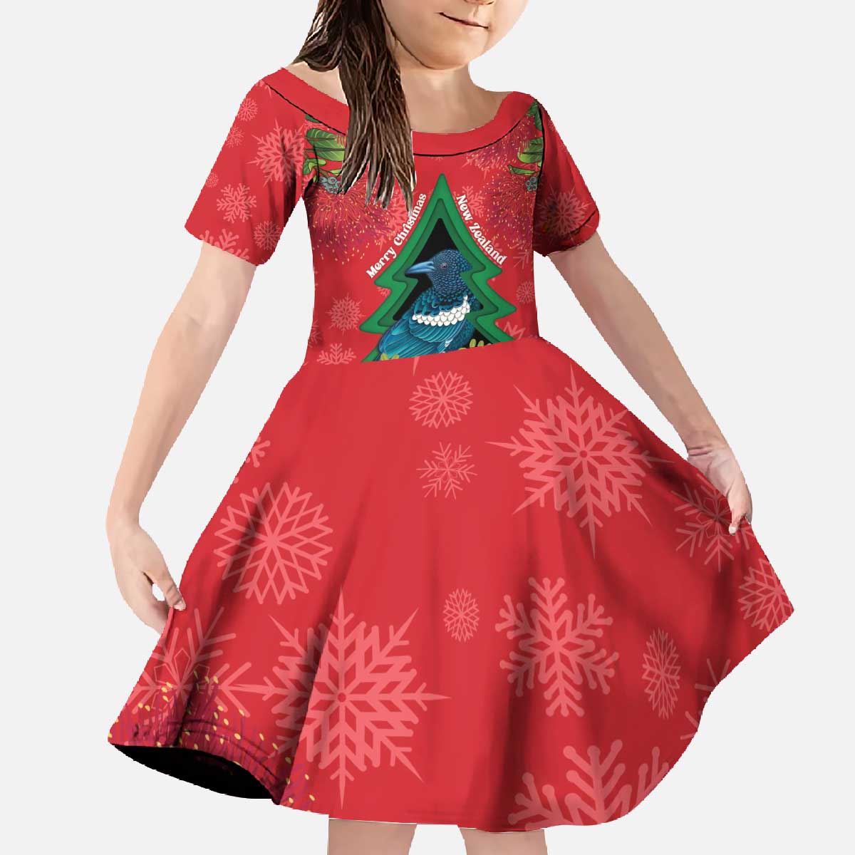 New Zealand Christmas In July Family Matching Off The Shoulder Long Sleeve Dress and Hawaiian Shirt Kowhai Tui Bird With Pohutukawa - Red