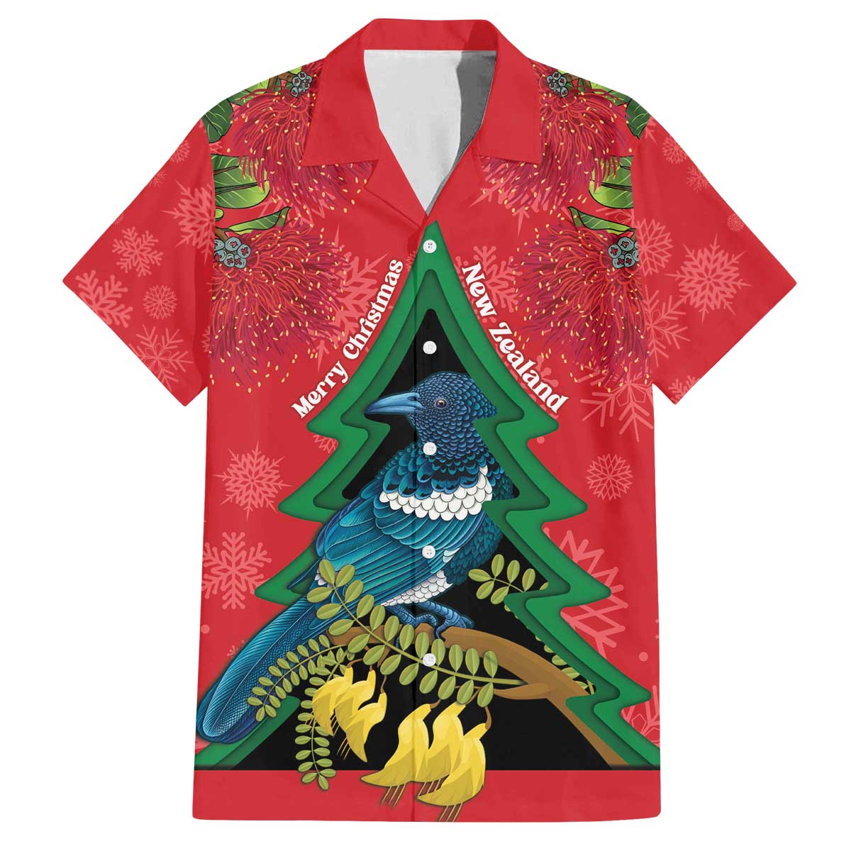 New Zealand Christmas In July Family Matching Off The Shoulder Long Sleeve Dress and Hawaiian Shirt Kowhai Tui Bird With Pohutukawa - Red