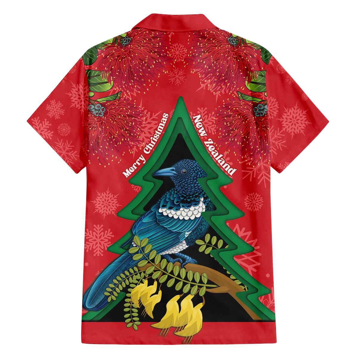 New Zealand Christmas In July Family Matching Off The Shoulder Long Sleeve Dress and Hawaiian Shirt Kowhai Tui Bird With Pohutukawa - Red