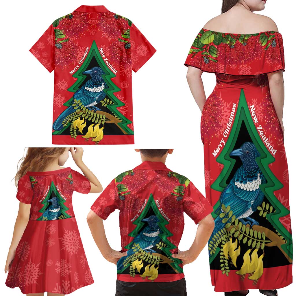 New Zealand Christmas In July Family Matching Off Shoulder Maxi Dress and Hawaiian Shirt Kowhai Tui Bird With Pohutukawa - Red