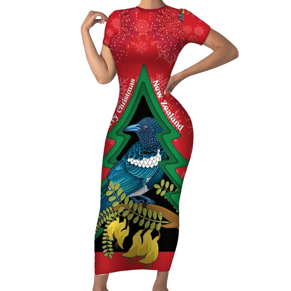 New Zealand Christmas In July Family Matching Short Sleeve Bodycon Dress and Hawaiian Shirt Kowhai Tui Bird With Pohutukawa - Red