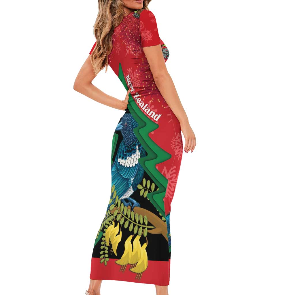 New Zealand Christmas In July Family Matching Short Sleeve Bodycon Dress and Hawaiian Shirt Kowhai Tui Bird With Pohutukawa - Red
