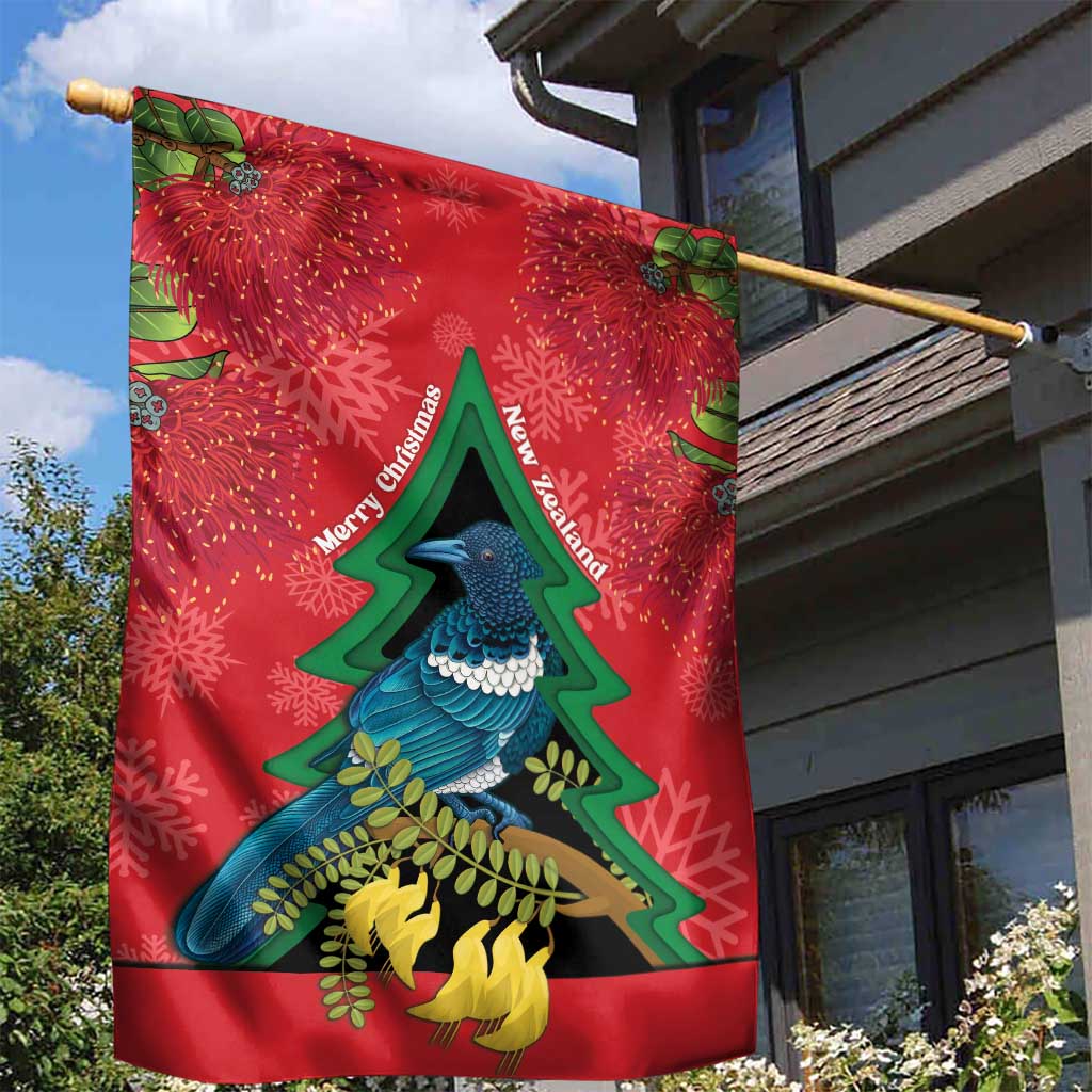 New Zealand Christmas In July Garden Flag Kowhai Tui Bird With Pohutukawa - Red