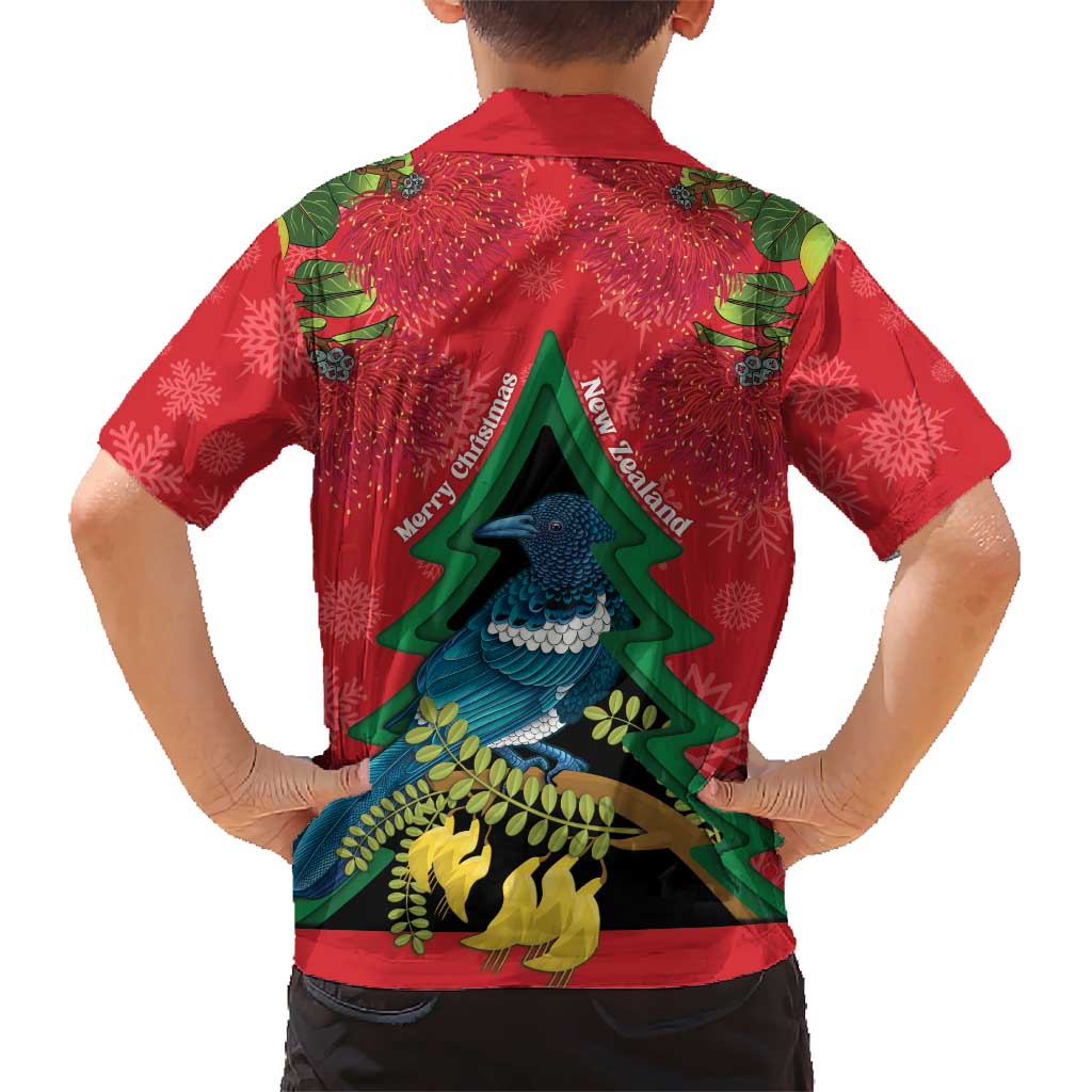 New Zealand Christmas In July Kid Hawaiian Shirt Kowhai Tui Bird With Pohutukawa - Red