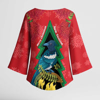 New Zealand Christmas In July Kimono Sleeve Blouse Kowhai Tui Bird With Pohutukawa - Red - Polynesian Pride
