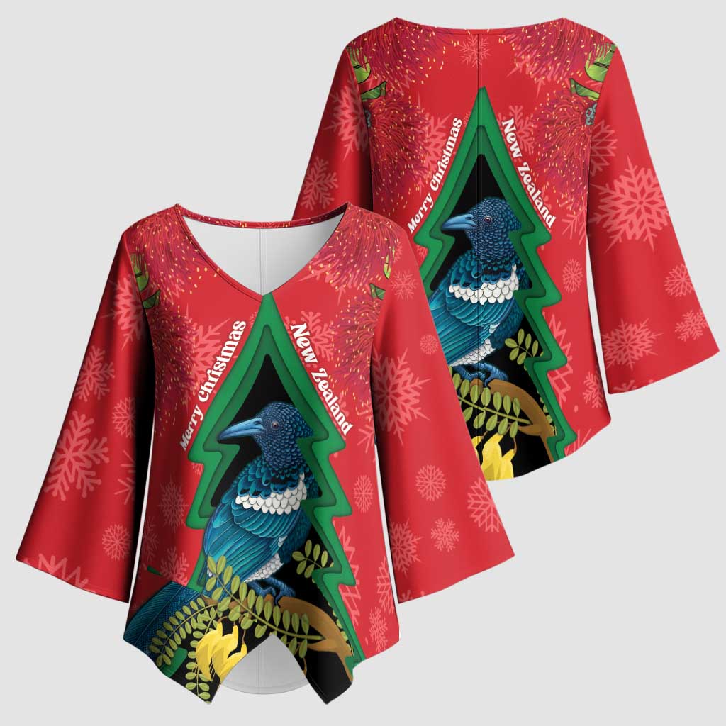 New Zealand Christmas In July Kimono Sleeve Blouse Kowhai Tui Bird With Pohutukawa - Red - Polynesian Pride
