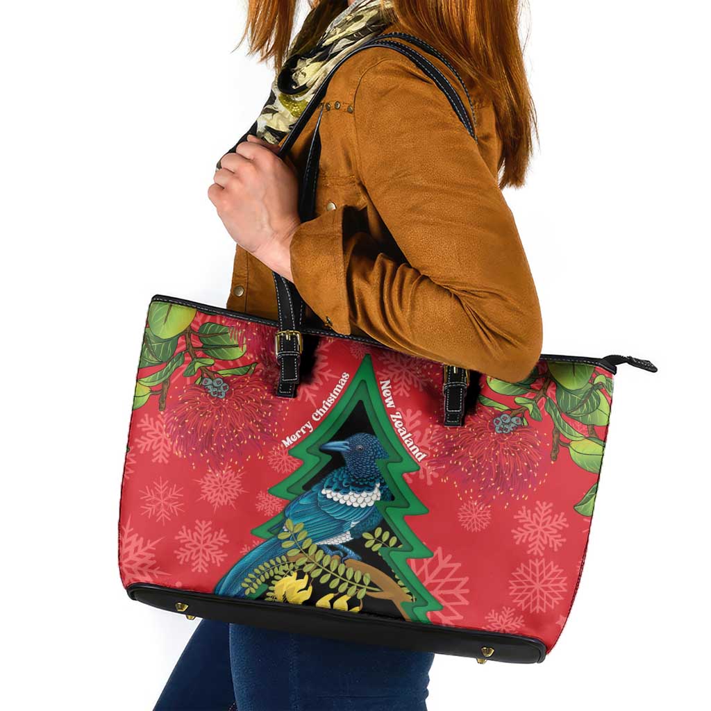 New Zealand Christmas In July Leather Tote Bag Kowhai Tui Bird With Pohutukawa - Red