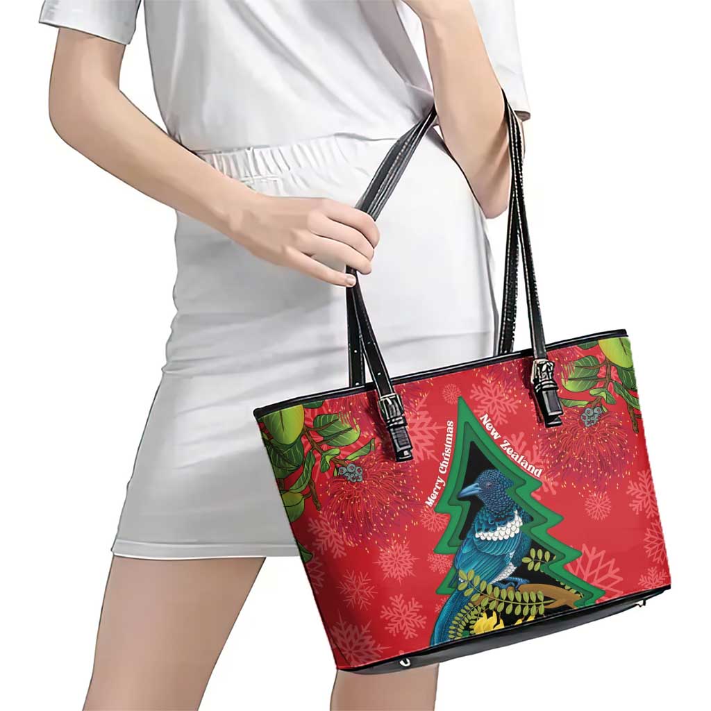 New Zealand Christmas In July Leather Tote Bag Kowhai Tui Bird With Pohutukawa - Red